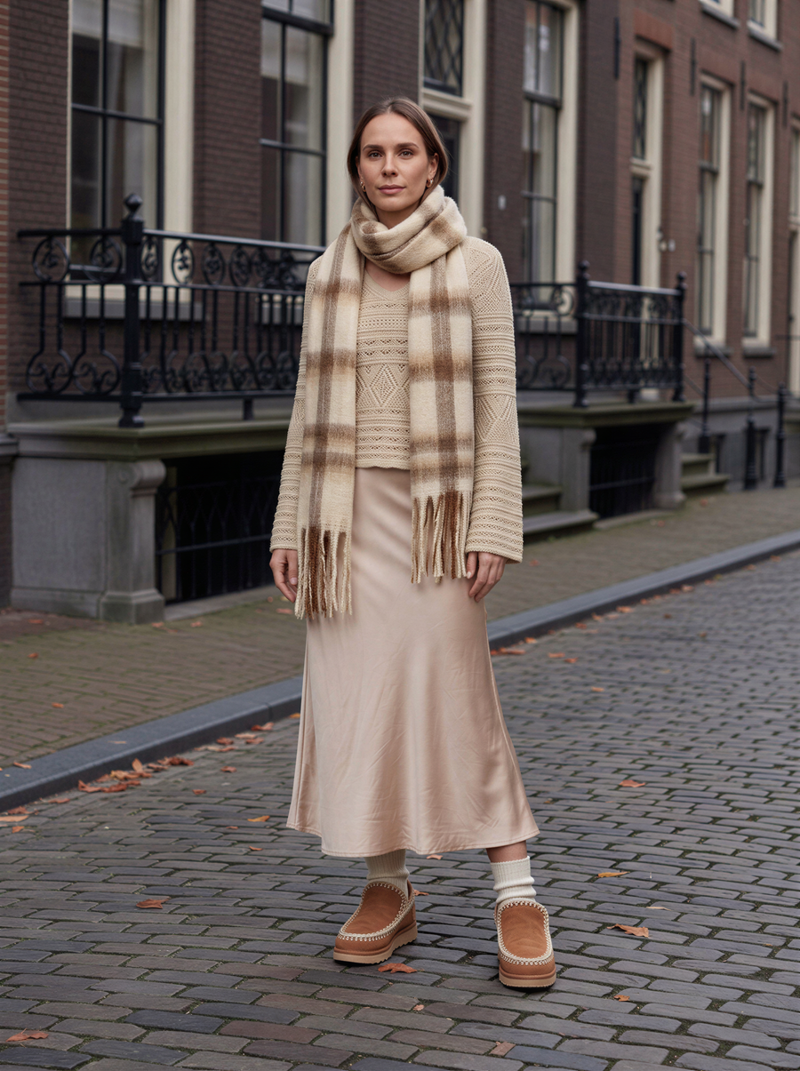 BR&DY look – Bizou Knit in beige met de Swing Skirt in goud, geruite mohairsjaal en cognac instapboots