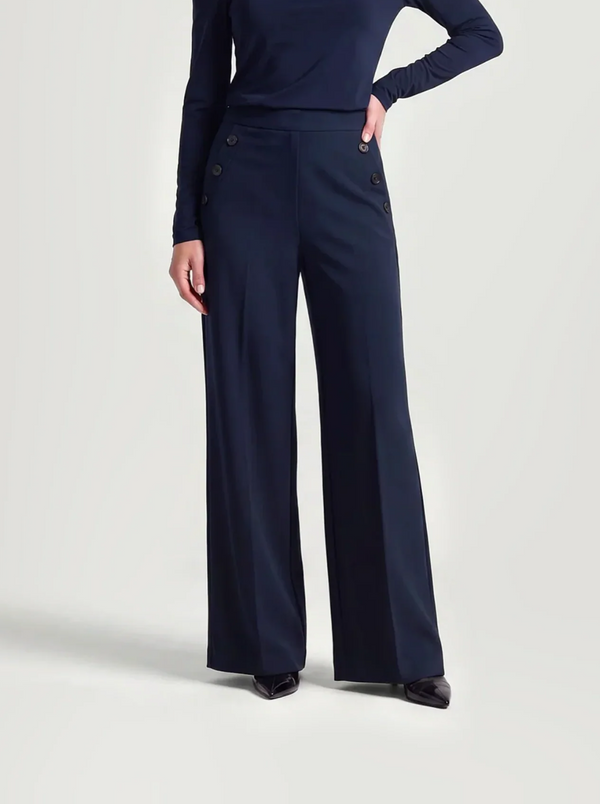 BR&DY Amber Pants in donkerblauw – wide leg damesbroek, close-up