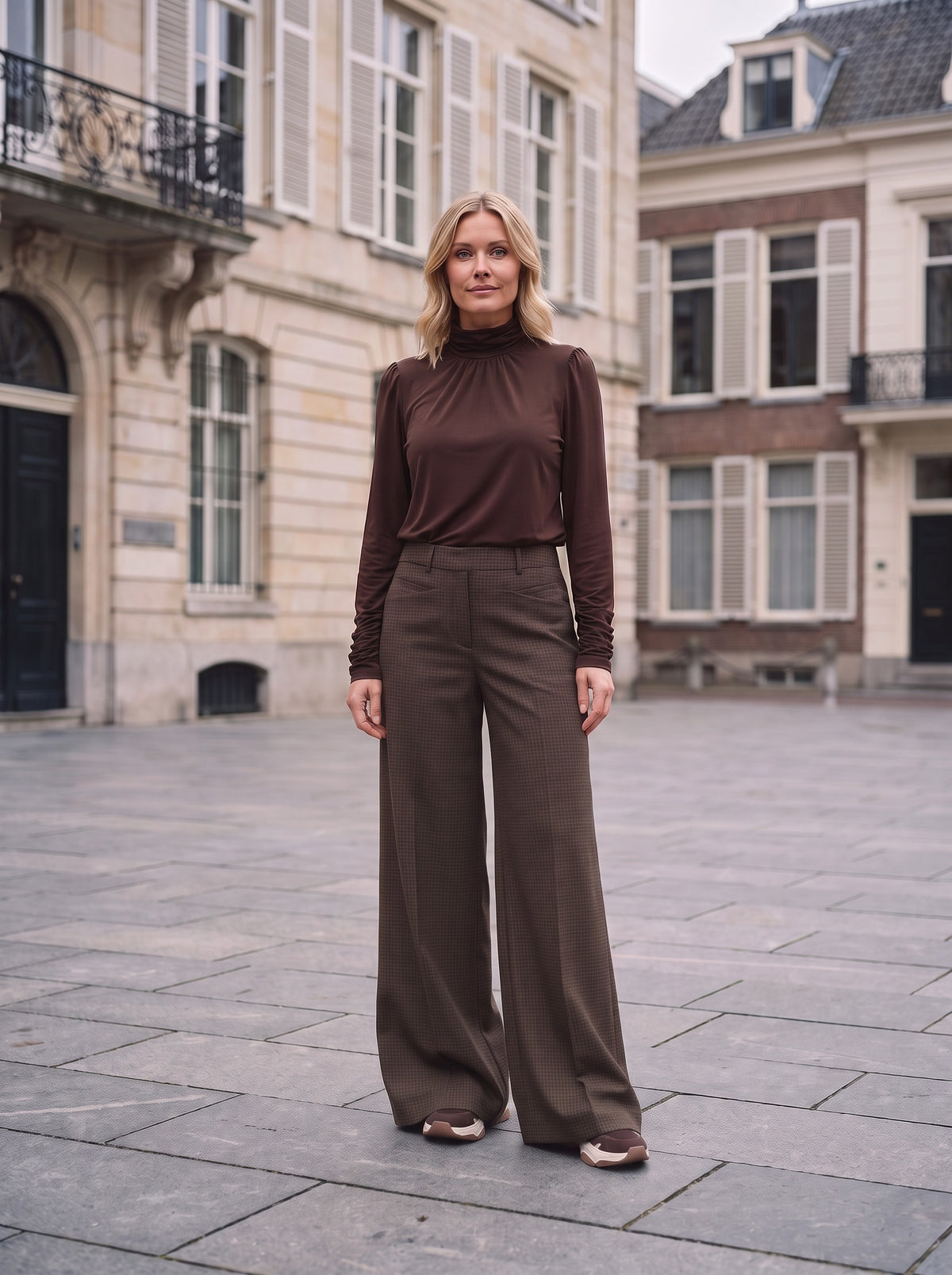 Model in donkerbruine Fire Top met col en wijde bruine geruite Mila Pants en bruine sneakers op een stadsplein