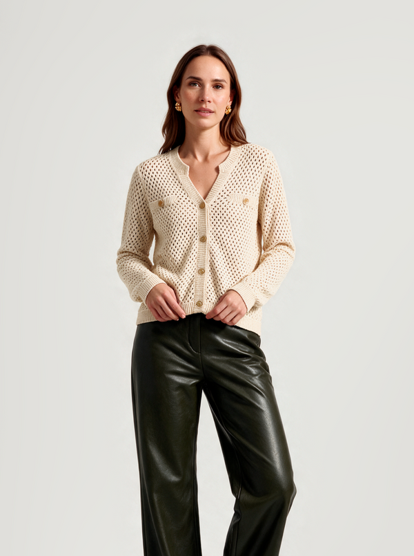BR&DY Donna Cardigan in ecru – lang dames vest, close-up
