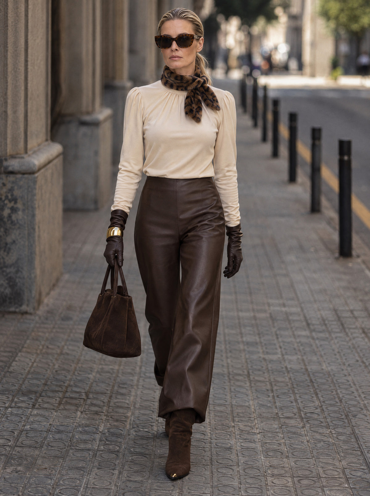 Vrouw loopt over straat in de Fire Top in ecru met hoge hals en geplooide schouders, op de Olivia Pants in bruin van vegan leather, met luipaardsjaaltje, bruine handschoenen en bruine laarzen