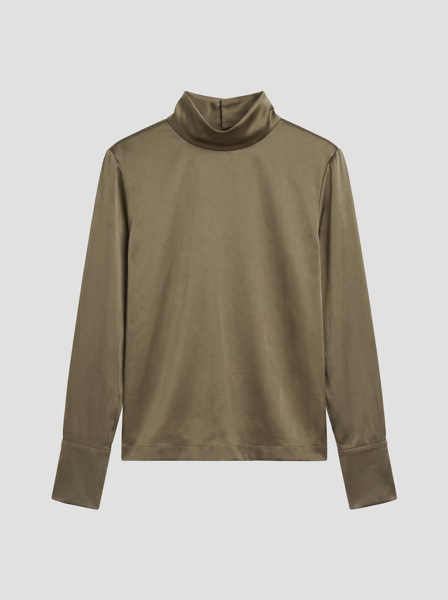 De Livia blouse in army groen satijn met col en lange mouwen, vrijstaand