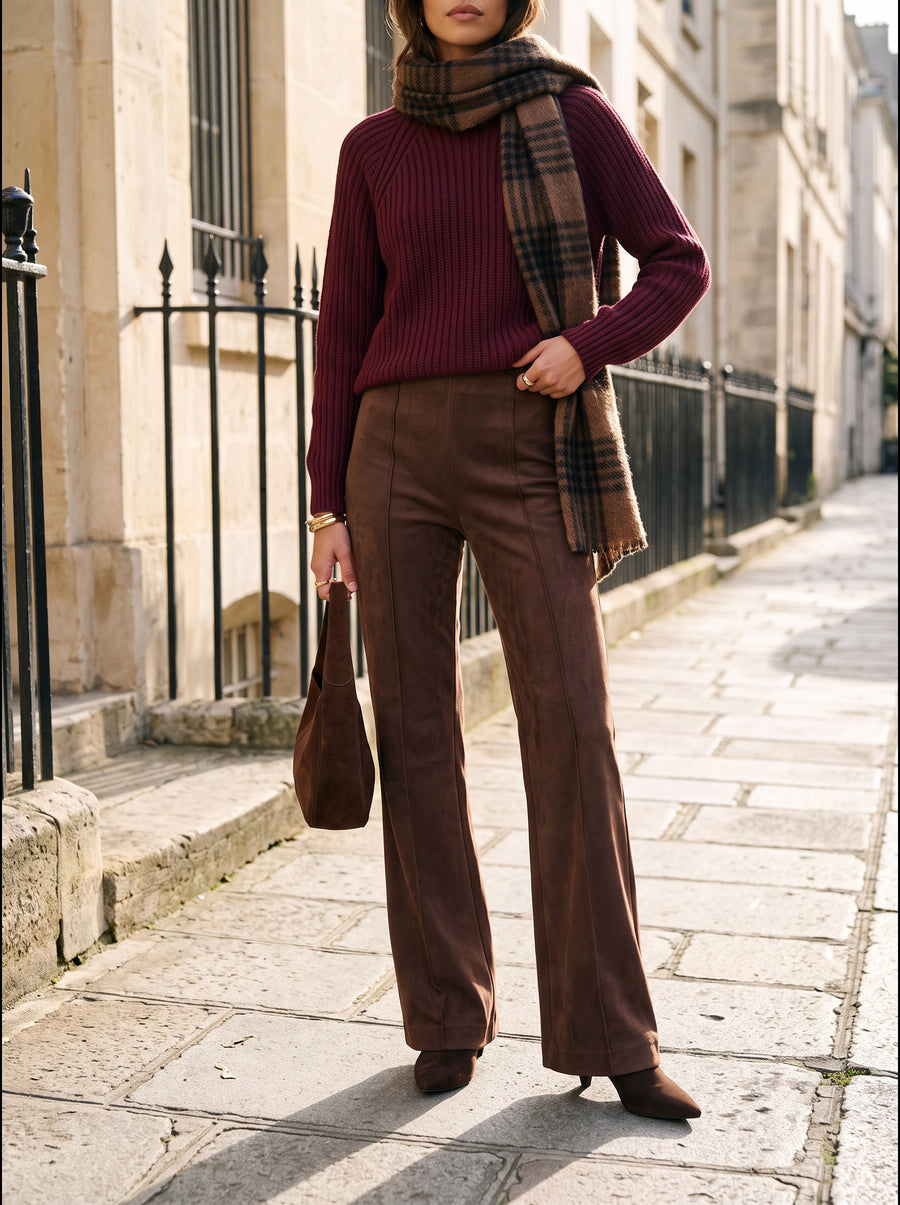 Lize Pullover Burgundy met Sage Pants Brown — grof gebreide trui in bordeaux op een suedine pantalon in bruin met persvouw