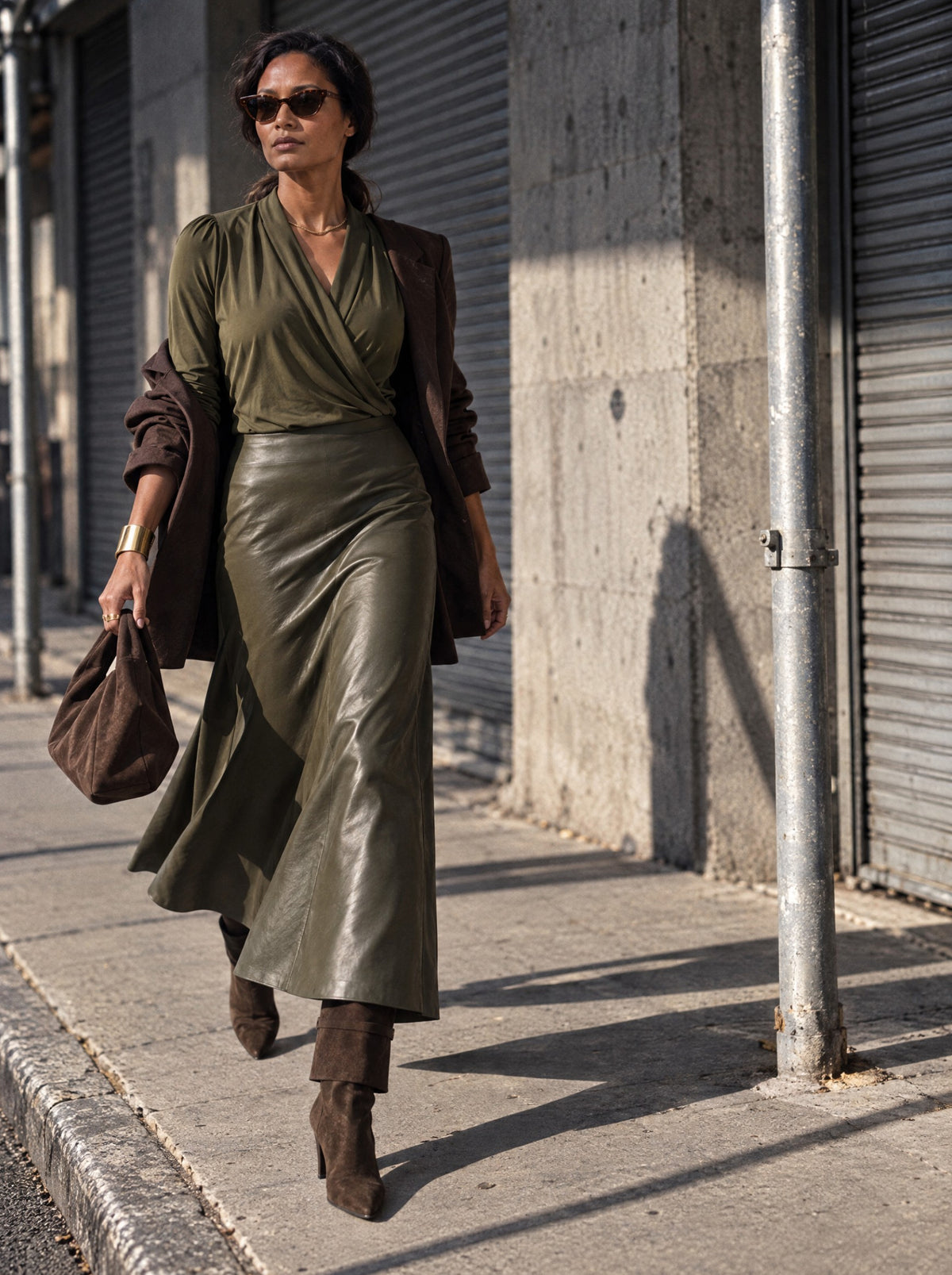 Vrouw loopt in de River Top in army, een overslagtop met lange mouwen, op de Sky Skirt in army van vegan leather, met hoge laarzen en een blazer los over de schouders