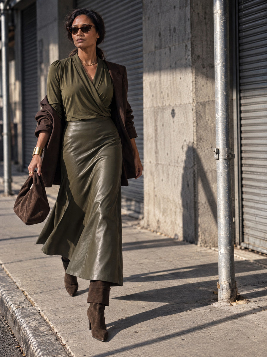Vrouw loopt in de River Top in army, een overslagtop met lange mouwen, op de Sky Skirt in army van vegan leather, met hoge laarzen en een blazer los over de schouders