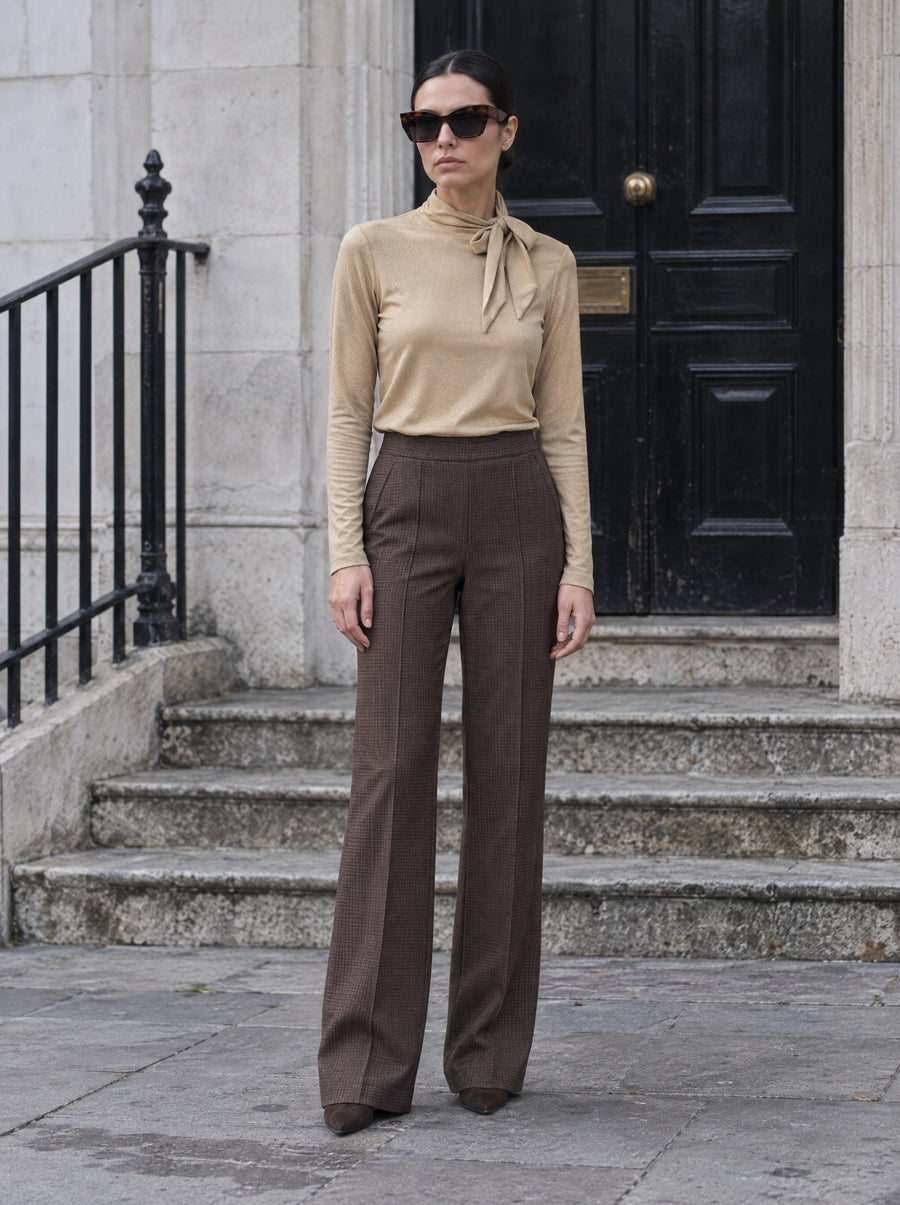 Skyler Top Gold met Star Pants Brown — glittertop met geruite flared pantalon in bruin